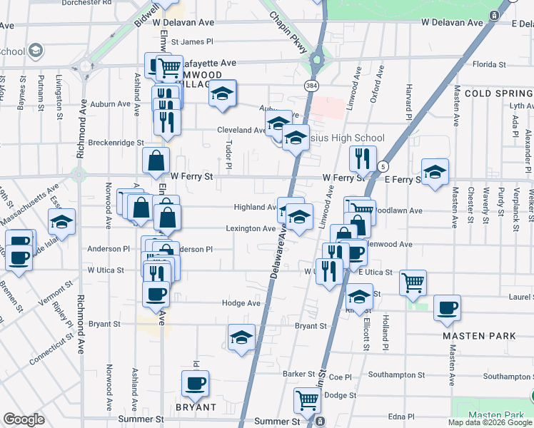 map of restaurants, bars, coffee shops, grocery stores, and more near 41 Lexington Avenue in Buffalo