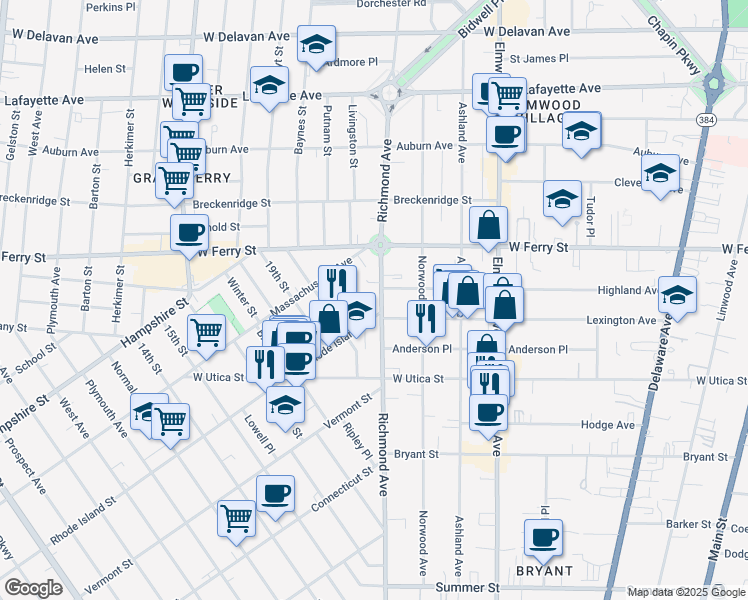 map of restaurants, bars, coffee shops, grocery stores, and more near in Buffalo