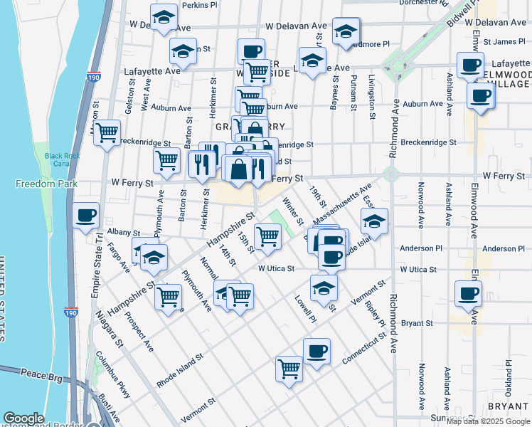 map of restaurants, bars, coffee shops, grocery stores, and more near 41 Lawrence Place in Buffalo