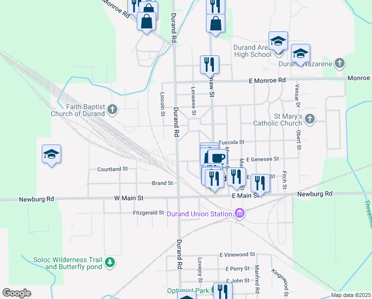 map of restaurants, bars, coffee shops, grocery stores, and more near 208 West Genesee Street in Durand
