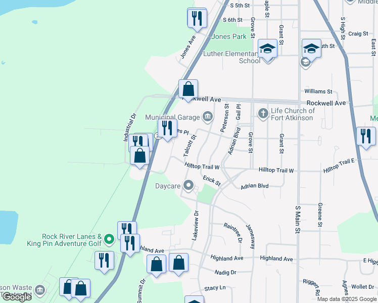 map of restaurants, bars, coffee shops, grocery stores, and more near 1145 Talcott Street in Fort Atkinson