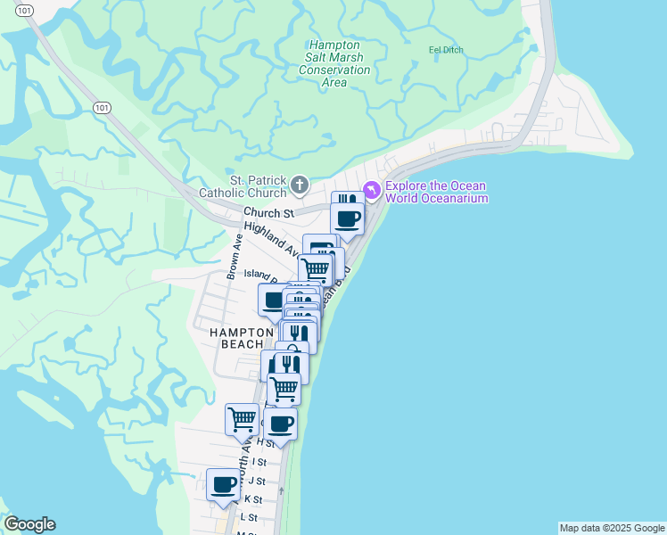 map of restaurants, bars, coffee shops, grocery stores, and more near 313 Ocean Boulevard in Hampton