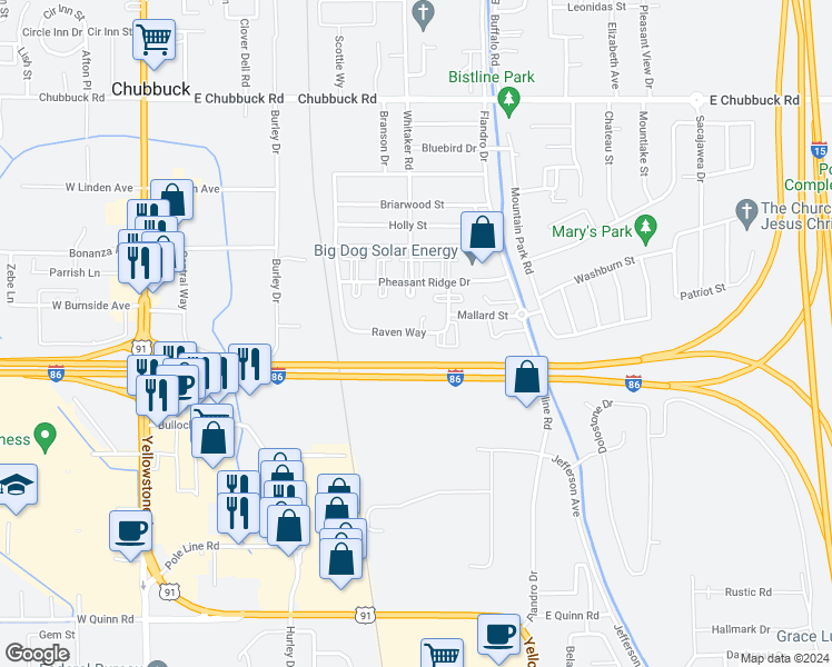 map of restaurants, bars, coffee shops, grocery stores, and more near 521 Raven Way in Pocatello