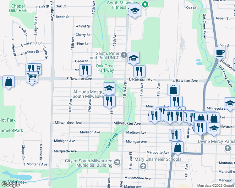 map of restaurants, bars, coffee shops, grocery stores, and more near 1514 Manitoba Avenue in South Milwaukee