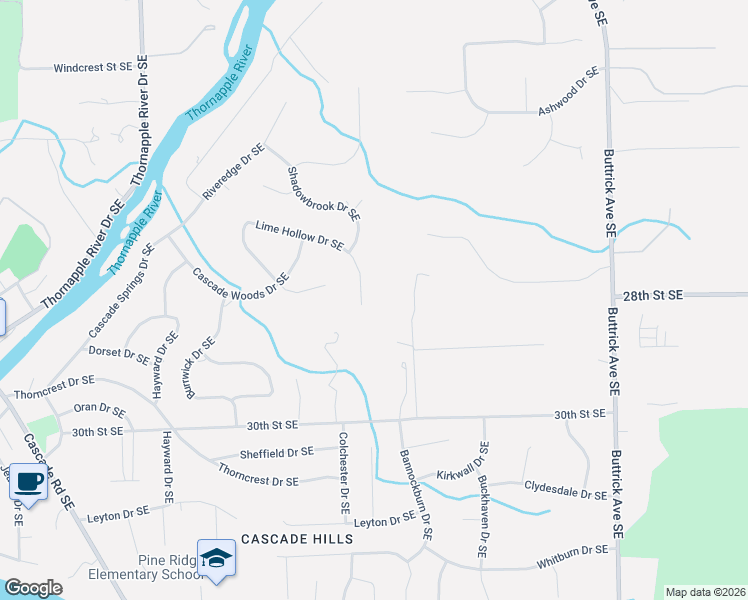 map of restaurants, bars, coffee shops, grocery stores, and more near 7619 Lime Hollow Drive Southeast in Grand Rapids