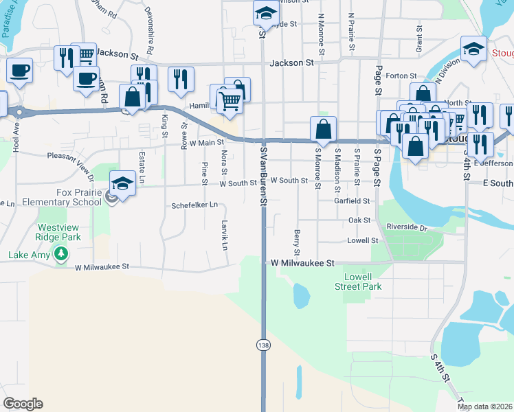 map of restaurants, bars, coffee shops, grocery stores, and more near 713 South Van Buren Street in Stoughton