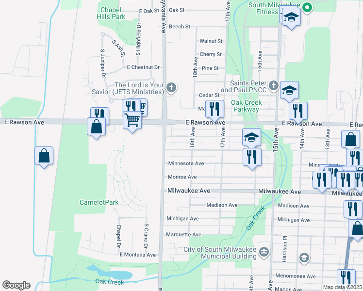 map of restaurants, bars, coffee shops, grocery stores, and more near 1801 Manitoba Avenue in South Milwaukee