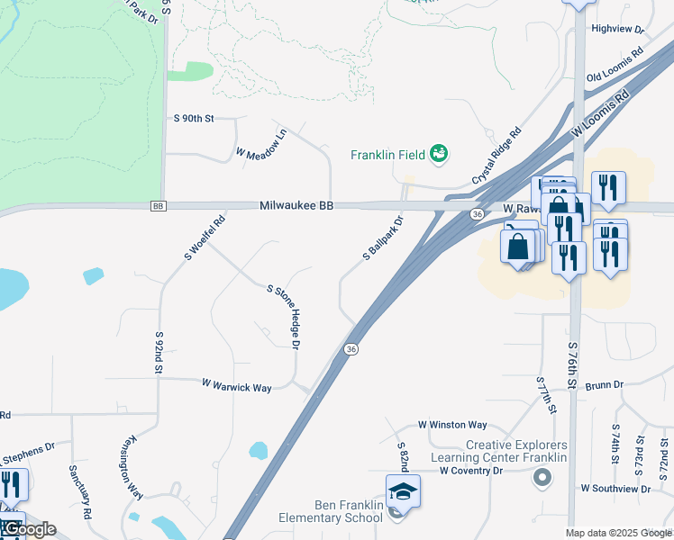 map of restaurants, bars, coffee shops, grocery stores, and more near 7235 South Ballpark Drive in Franklin