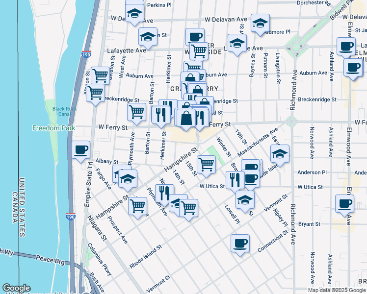 map of restaurants, bars, coffee shops, grocery stores, and more near 291 Hampshire Street in Buffalo