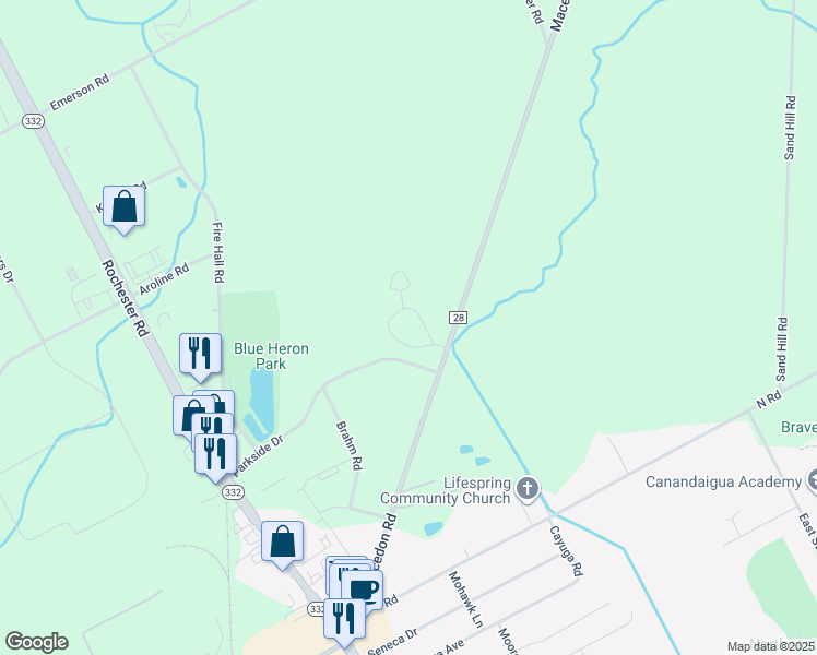 map of restaurants, bars, coffee shops, grocery stores, and more near 2450 County Road 28 in Canandaigua