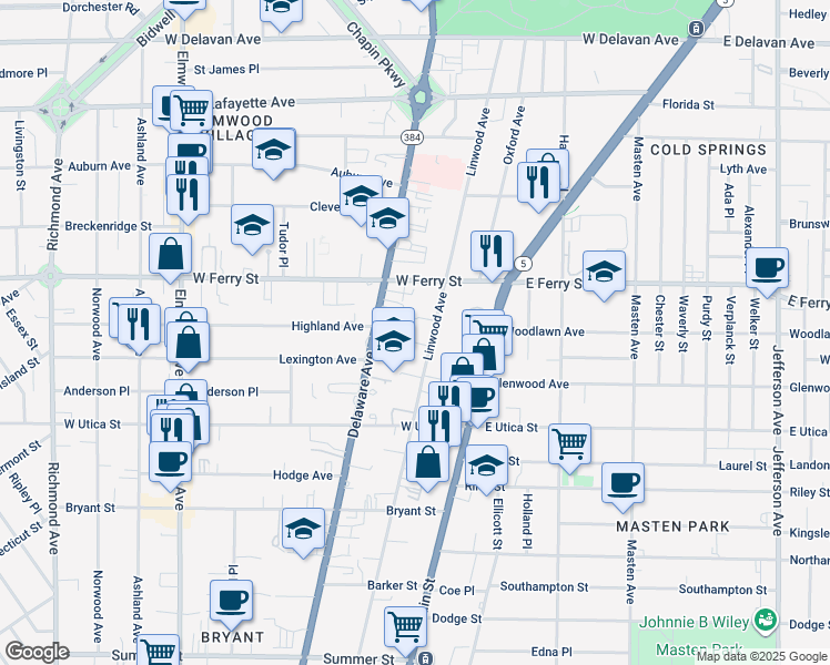 map of restaurants, bars, coffee shops, grocery stores, and more near 392 Linwood Avenue in Buffalo