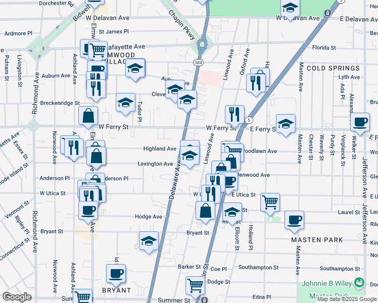 map of restaurants, bars, coffee shops, grocery stores, and more near 392 Linwood Avenue in Buffalo