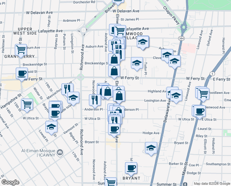 map of restaurants, bars, coffee shops, grocery stores, and more near in Buffalo