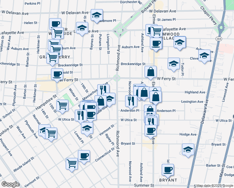 map of restaurants, bars, coffee shops, grocery stores, and more near in Buffalo