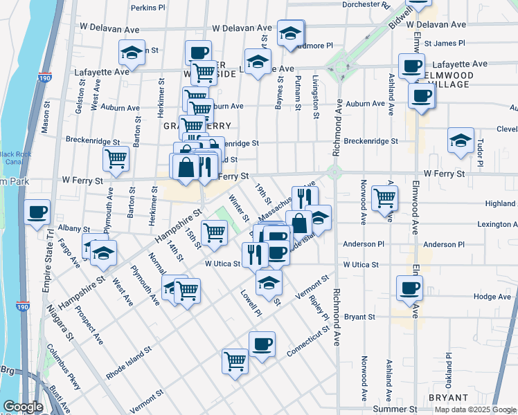 map of restaurants, bars, coffee shops, grocery stores, and more near 429 Massachusetts Avenue in Buffalo