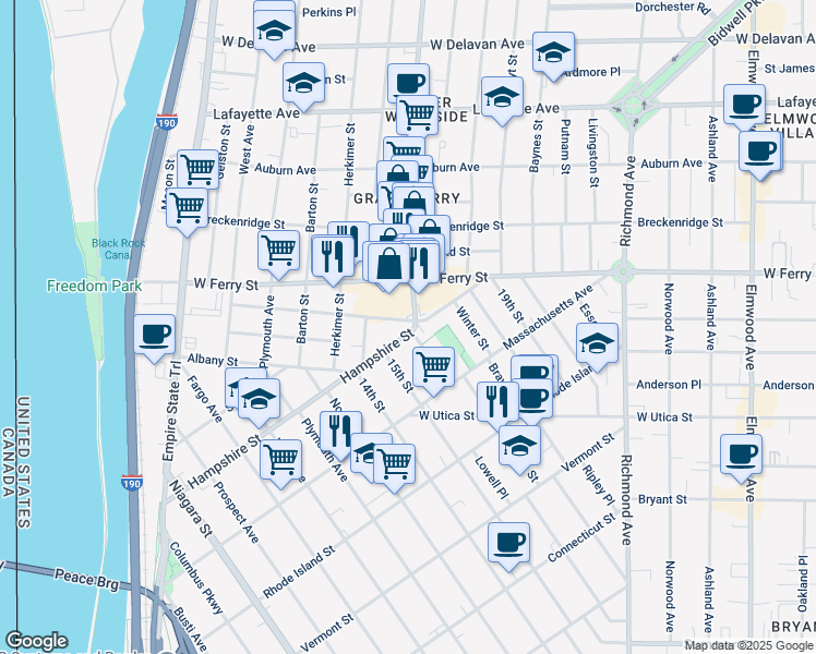 map of restaurants, bars, coffee shops, grocery stores, and more near 291 Hampshire Street in Buffalo