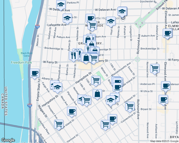 map of restaurants, bars, coffee shops, grocery stores, and more near 291 Hampshire Street in Buffalo
