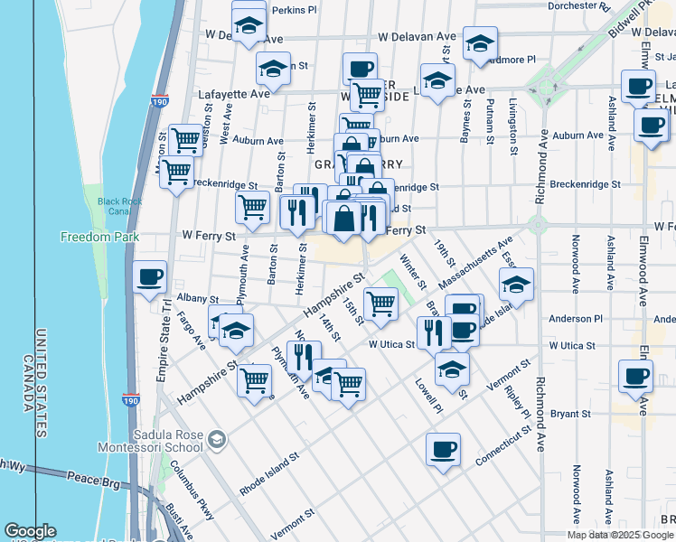 map of restaurants, bars, coffee shops, grocery stores, and more near 291 Hampshire Street in Buffalo