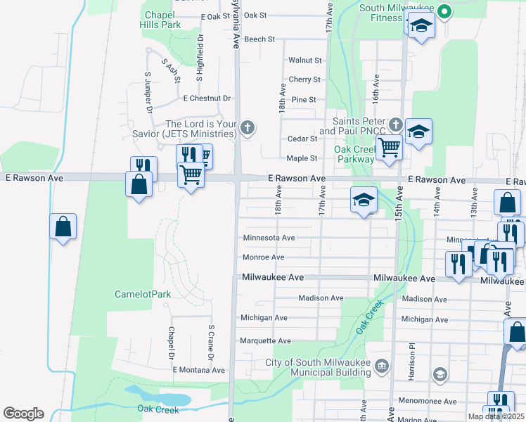 map of restaurants, bars, coffee shops, grocery stores, and more near 1801 Manitoba Avenue in South Milwaukee