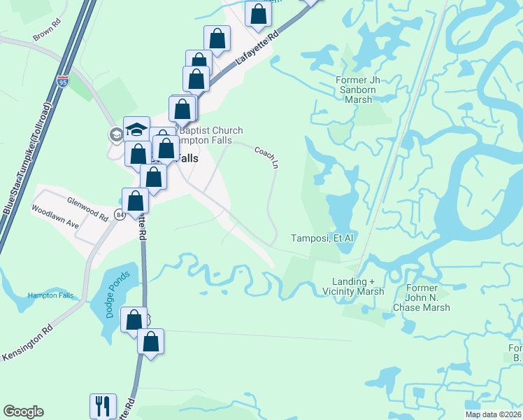 map of restaurants, bars, coffee shops, grocery stores, and more near 34 Coach Lane in Hampton Falls