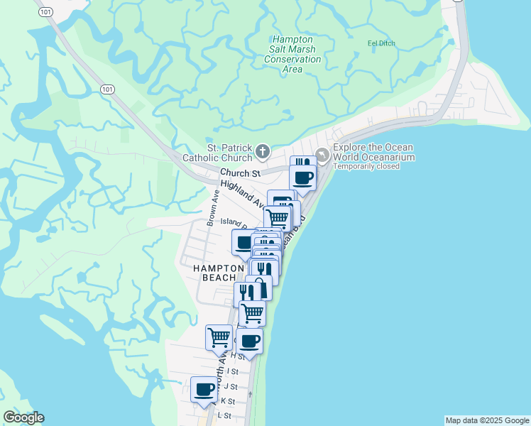 map of restaurants, bars, coffee shops, grocery stores, and more near 10 Nudd Avenue in Hampton