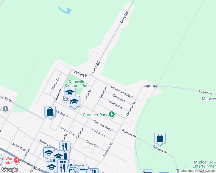 map of restaurants, bars, coffee shops, grocery stores, and more near 117 Cleary Avenue in Haldimand County