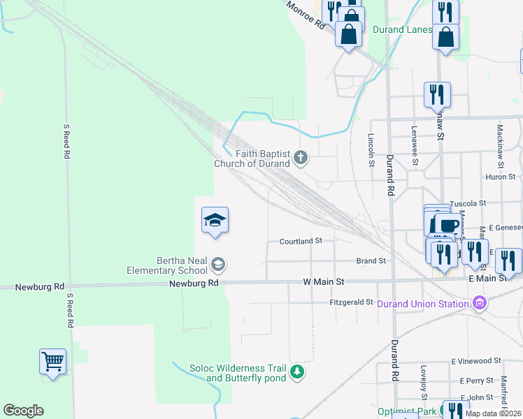 map of restaurants, bars, coffee shops, grocery stores, and more near 620 Courtland Street in Durand