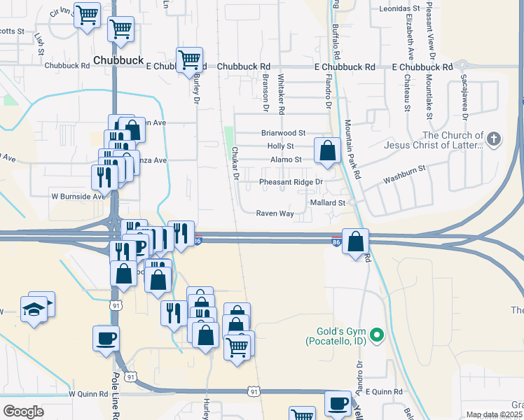 map of restaurants, bars, coffee shops, grocery stores, and more near 444 Raven Way in Chubbuck