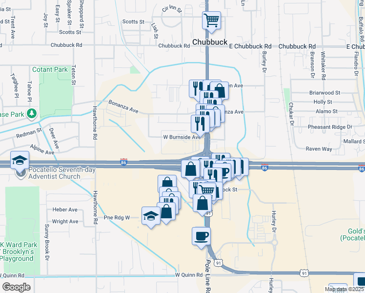 map of restaurants, bars, coffee shops, grocery stores, and more near Yellowstone Ave in Chubbuck