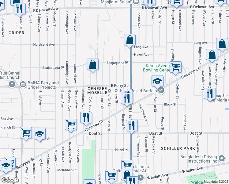 map of restaurants, bars, coffee shops, grocery stores, and more near 60 Zenner Street in Buffalo