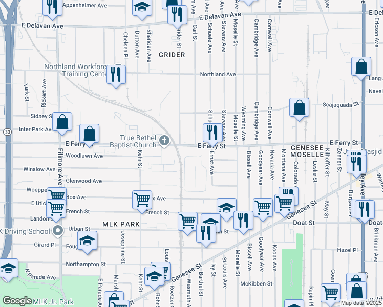 map of restaurants, bars, coffee shops, grocery stores, and more near 6 Donovan Drive in Buffalo