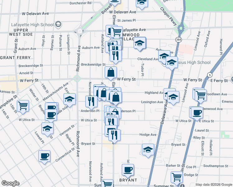 map of restaurants, bars, coffee shops, grocery stores, and more near 163 Lexington Avenue in Buffalo