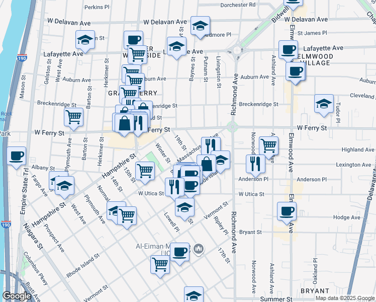 map of restaurants, bars, coffee shops, grocery stores, and more near 429 Massachusetts Avenue in Buffalo