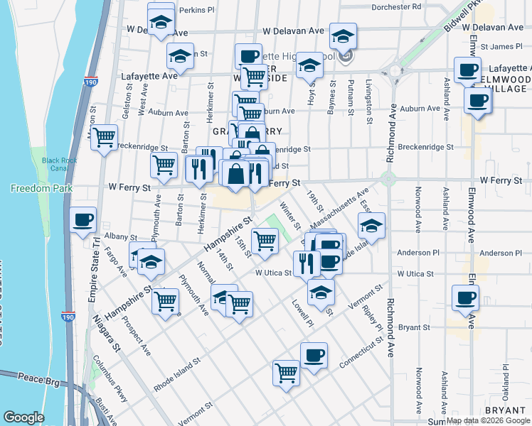 map of restaurants, bars, coffee shops, grocery stores, and more near 41 Lawrence Place in Buffalo