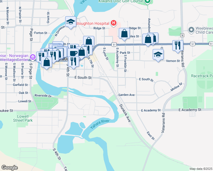map of restaurants, bars, coffee shops, grocery stores, and more near 609 8th Street in Stoughton