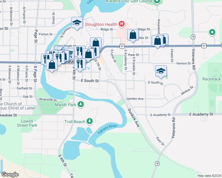 map of restaurants, bars, coffee shops, grocery stores, and more near 609 8th Street in Stoughton