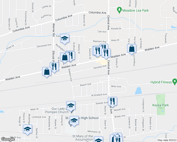 map of restaurants, bars, coffee shops, grocery stores, and more near 66 Hinchey Avenue in Lancaster