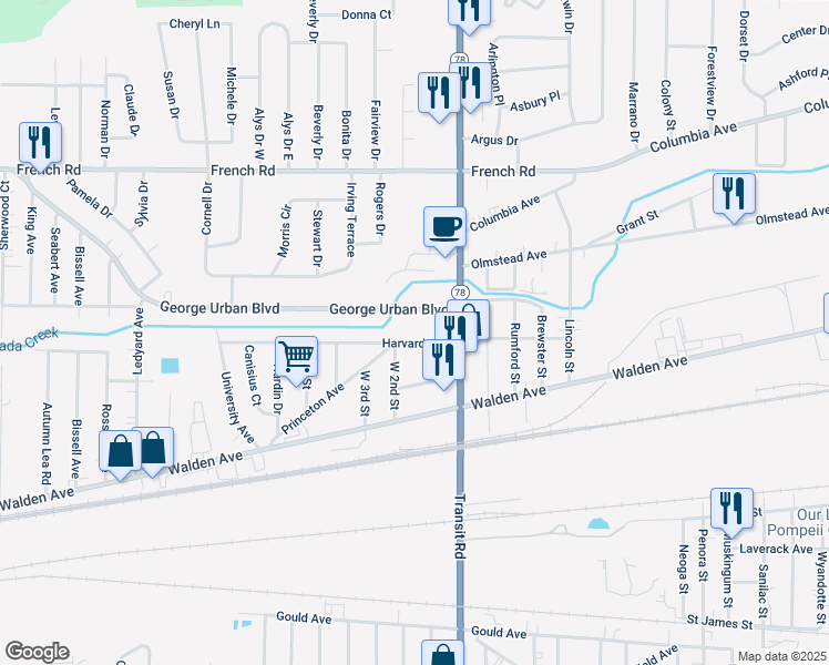 map of restaurants, bars, coffee shops, grocery stores, and more near 215 Harvard Avenue in Depew