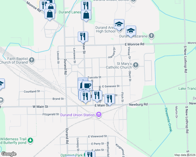 map of restaurants, bars, coffee shops, grocery stores, and more near 206 Tuscola Street in Durand