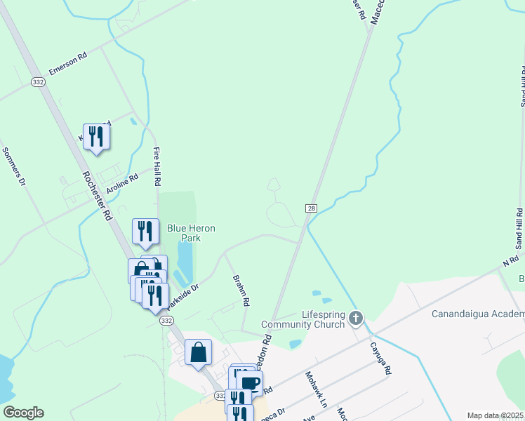 map of restaurants, bars, coffee shops, grocery stores, and more near 2450 County Road 28 in Canandaigua