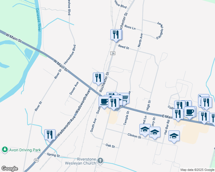 map of restaurants, bars, coffee shops, grocery stores, and more near 77 Cemetery Street in Avon