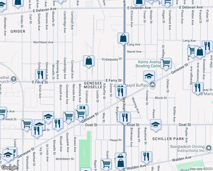 map of restaurants, bars, coffee shops, grocery stores, and more near 60 Zenner Street in Buffalo