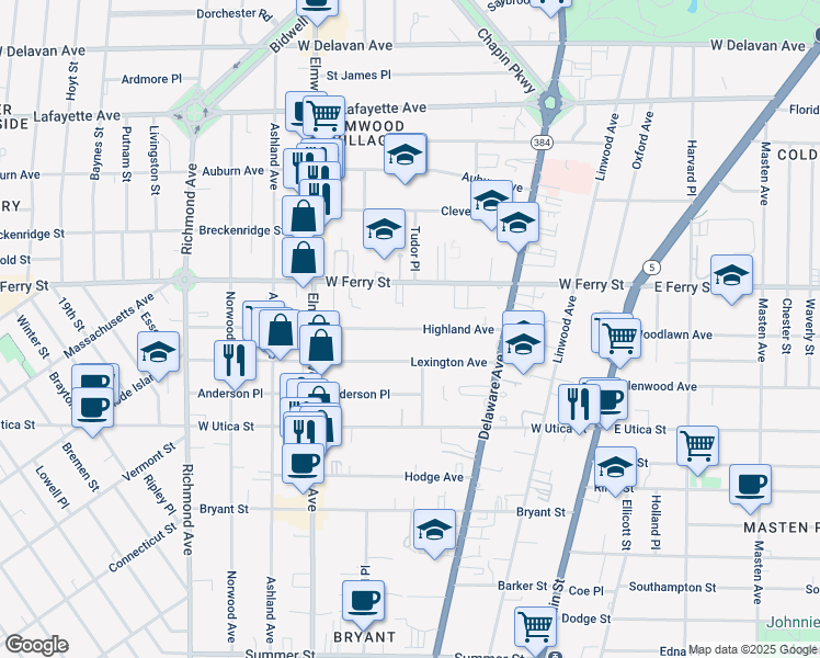 map of restaurants, bars, coffee shops, grocery stores, and more near 81 Lexington Avenue in Buffalo