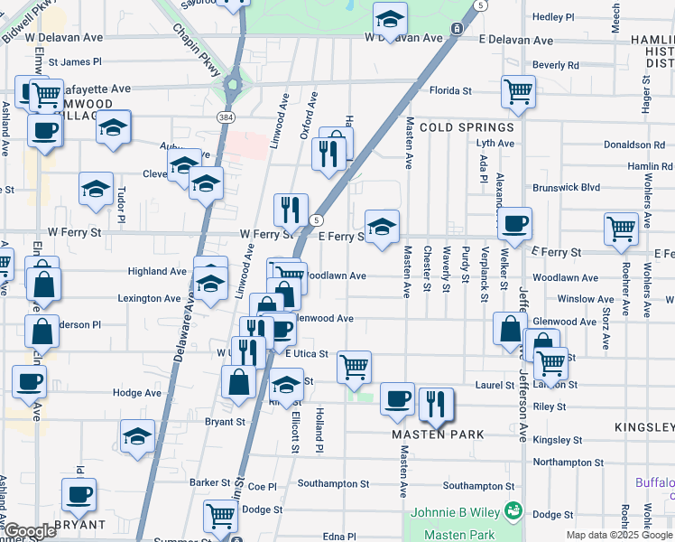 map of restaurants, bars, coffee shops, grocery stores, and more near 50 Woodlawn Avenue in Buffalo