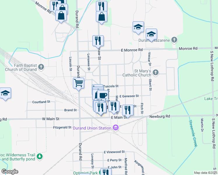 map of restaurants, bars, coffee shops, grocery stores, and more near 206 Tuscola Street in Durand