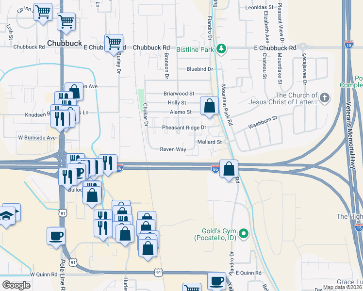 map of restaurants, bars, coffee shops, grocery stores, and more near 516 Raven Way in Pocatello