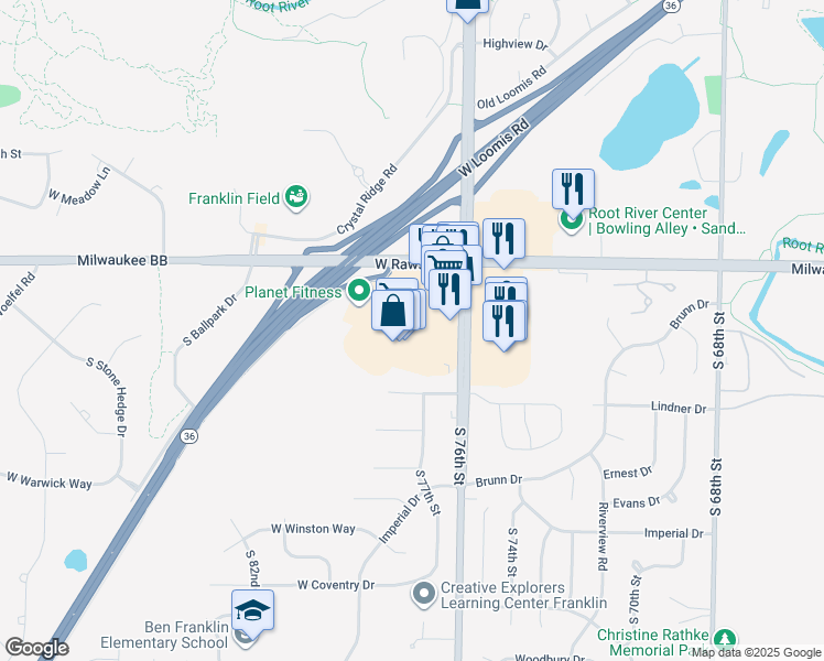 map of restaurants, bars, coffee shops, grocery stores, and more near 7199 South 76th Street in Franklin