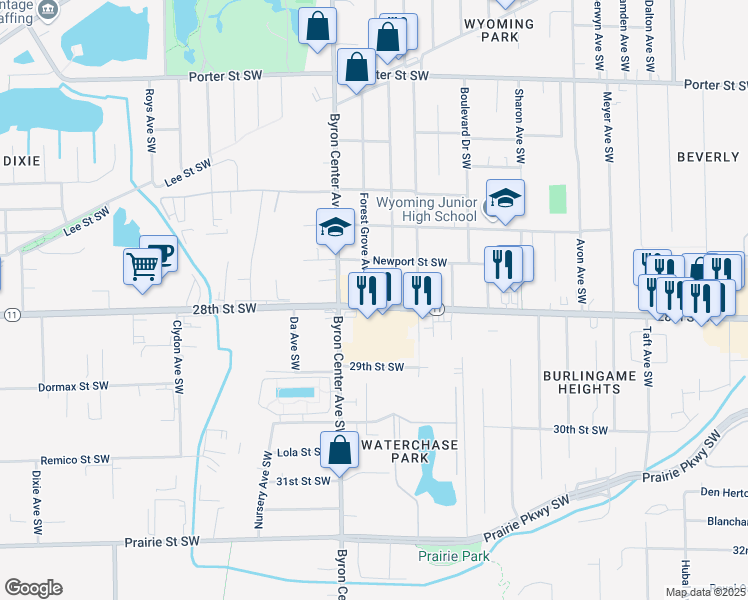 map of restaurants, bars, coffee shops, grocery stores, and more near 2340 28th Street Southwest in Wyoming