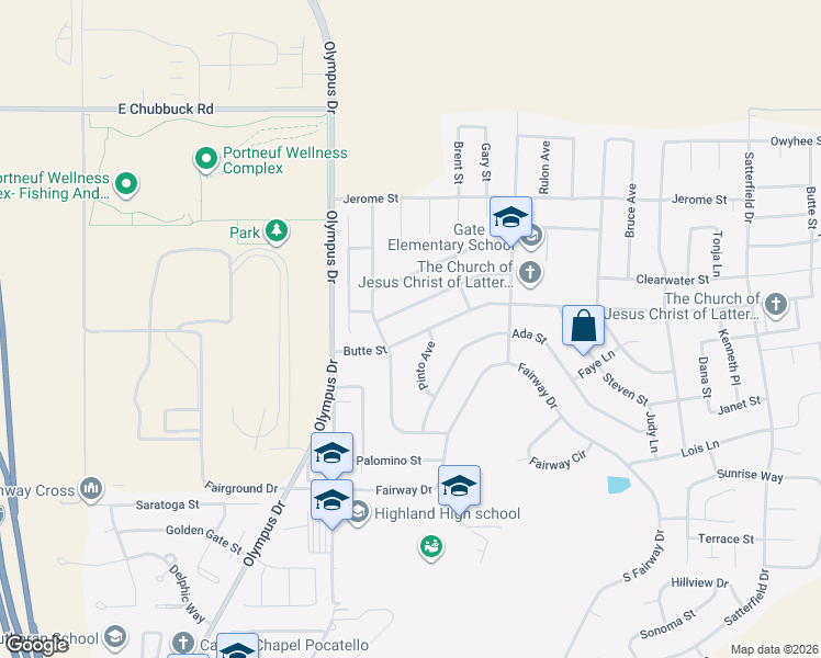 map of restaurants, bars, coffee shops, grocery stores, and more near 2070 Butte Street in Pocatello
