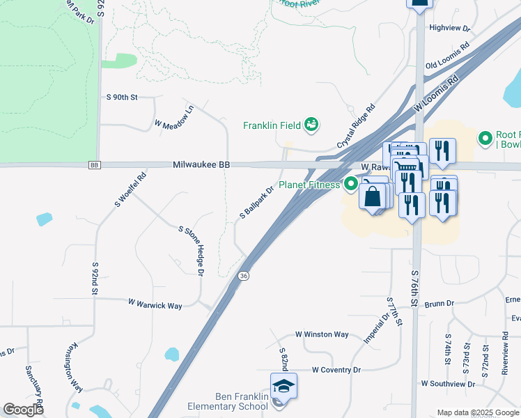 map of restaurants, bars, coffee shops, grocery stores, and more near 7220 South Ballpark Drive in Franklin